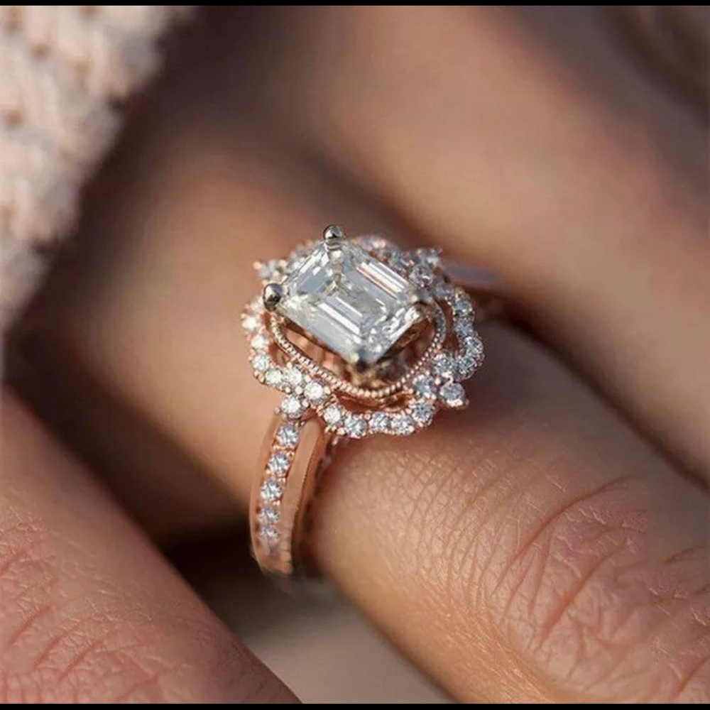 Rose Gold Emerald Cut Diamond CZ Ring